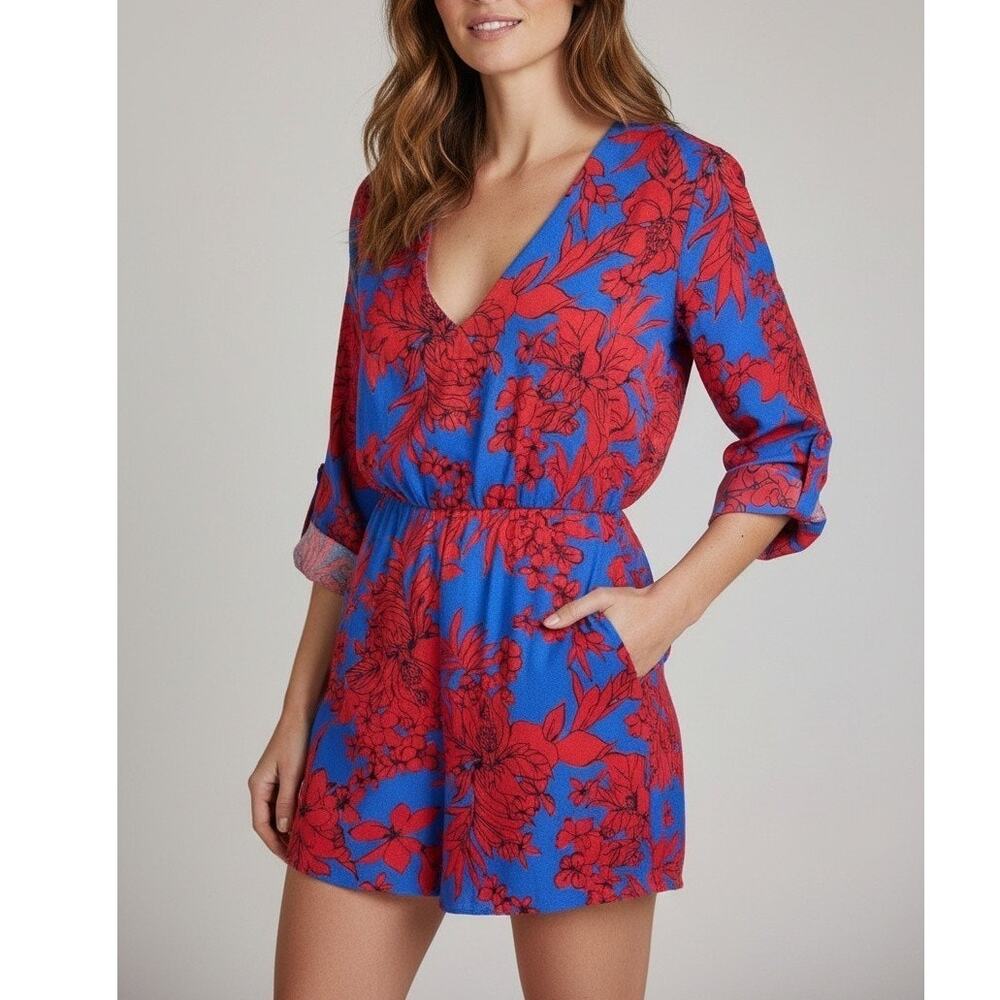 Alice + Olivia Floral V Neck Romper Blue Red Size 2 Silk Blend